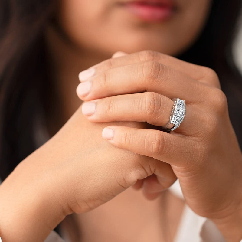 Princess Cut Moissanite 3-Stone Engagement Ring and Wedding Band Bridal Set Sterling Silver 2.75 Carats 3 Carats
