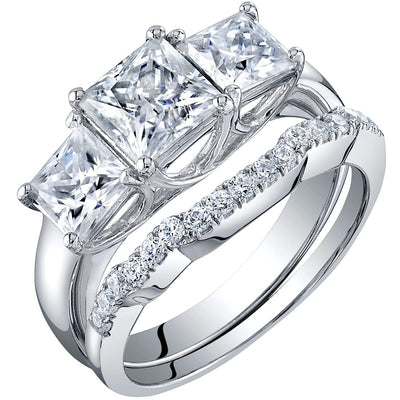 Princess Cut Moissanite 3-Stone Engagement Ring and Wedding Band Bridal Set Sterling Silver 2.75 Carats 3 Carats