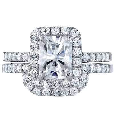 Moissanite Halo Engagement Ring and Wedding Band Bridal Set Sterling Silver 2 Carats Radiant Cut
