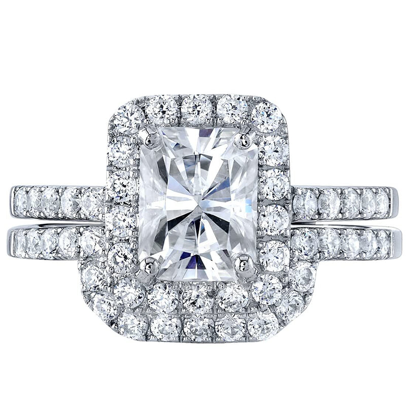 Moissanite Halo Engagement Ring and Wedding Band Bridal Set Sterling Silver 2 Carats Radiant Cut