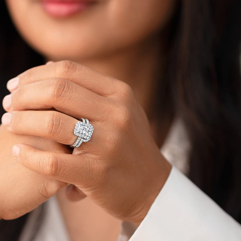 Moissanite Halo Engagement Ring and Wedding Band Bridal Set Sterling Silver 2 Carats Radiant Cut