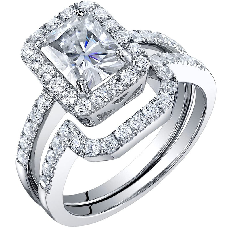 Moissanite Halo Engagement Ring and Wedding Band Bridal Set Sterling Silver 2 Carats Radiant Cut