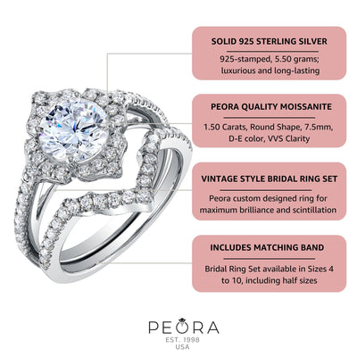 Moissanite Vintage Art Deco Engagement Ring and Wedding Band Bridal Set Sterling Silver 1.50 Carats