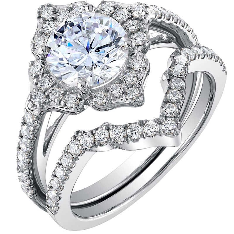 Moissanite Vintage Art Deco Engagement Ring and Wedding Band Bridal Set Sterling Silver 1.50 Carats
