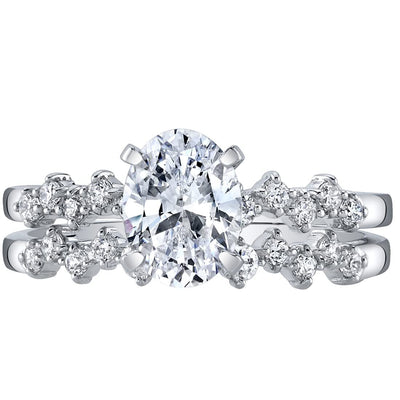 Moissanite Engagement Ring and Wedding Band Bridal Set Scattered Side Stones Sterling Silver 1.50 Carats Oval Shape