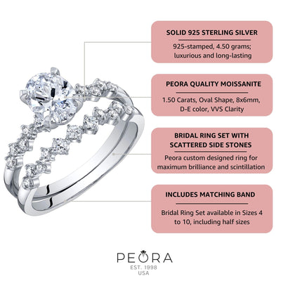Moissanite Engagement Ring and Wedding Band Bridal Set Scattered Side Stones Sterling Silver 1.50 Carats Oval Shape