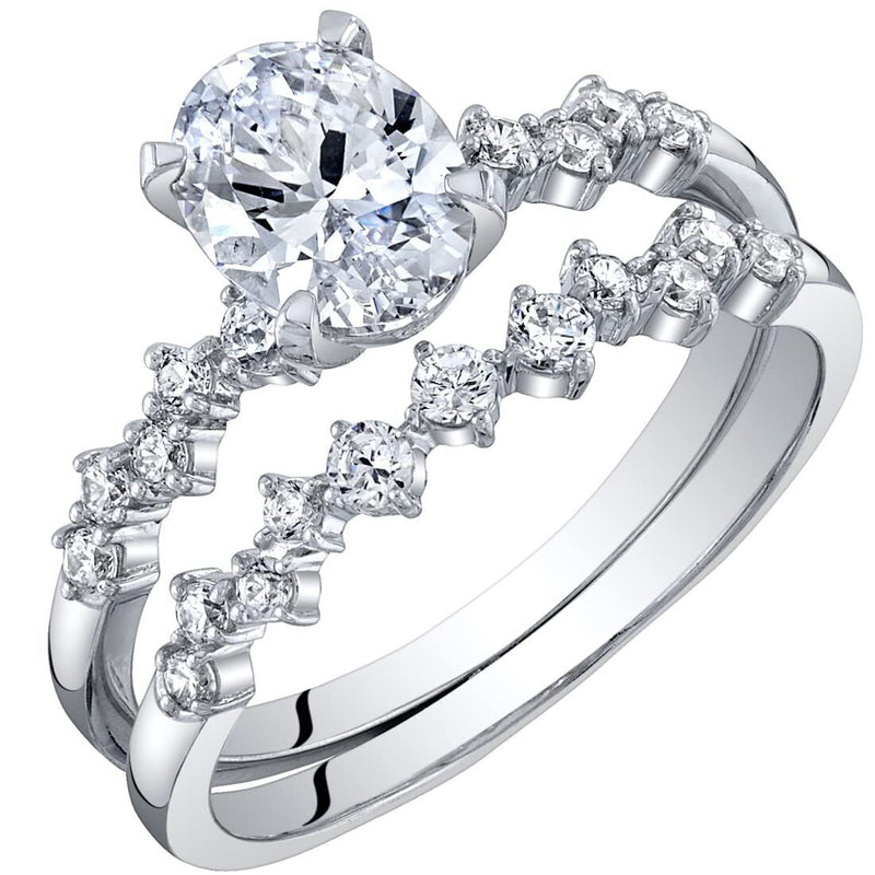 Moissanite Engagement Ring and Wedding Band Bridal Set Scattered Side Stones Sterling Silver 1.50 Carats Oval Shape