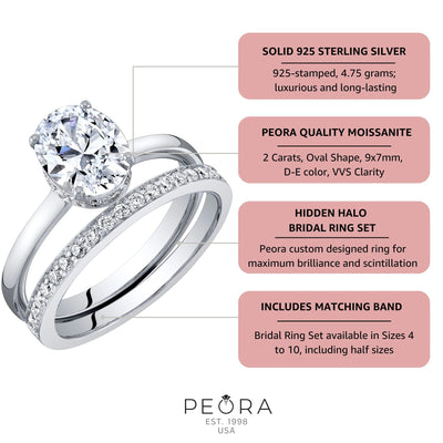 Moissanite Hidden Halo Engagement Ring and Wedding Band Bridal Set Sterling Silver 2 Carats Oval Shape
