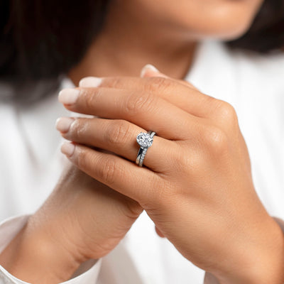 Moissanite Hidden Halo Engagement Ring and Wedding Band Bridal Set Sterling Silver 2 Carats Oval Shape