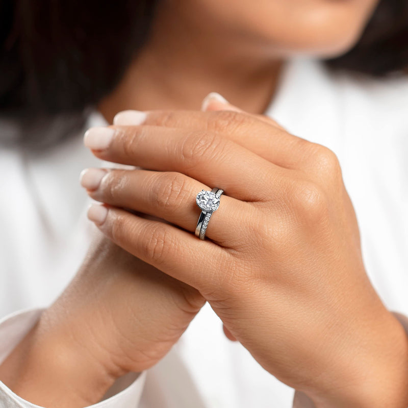 Moissanite Hidden Halo Engagement Ring and Wedding Band Bridal Set Sterling Silver 2 Carats Oval Shape