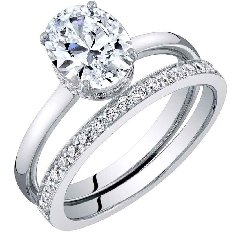 Moissanite Hidden Halo Engagement Ring and Wedding Band Bridal Set Sterling Silver 2 Carats Oval Shape