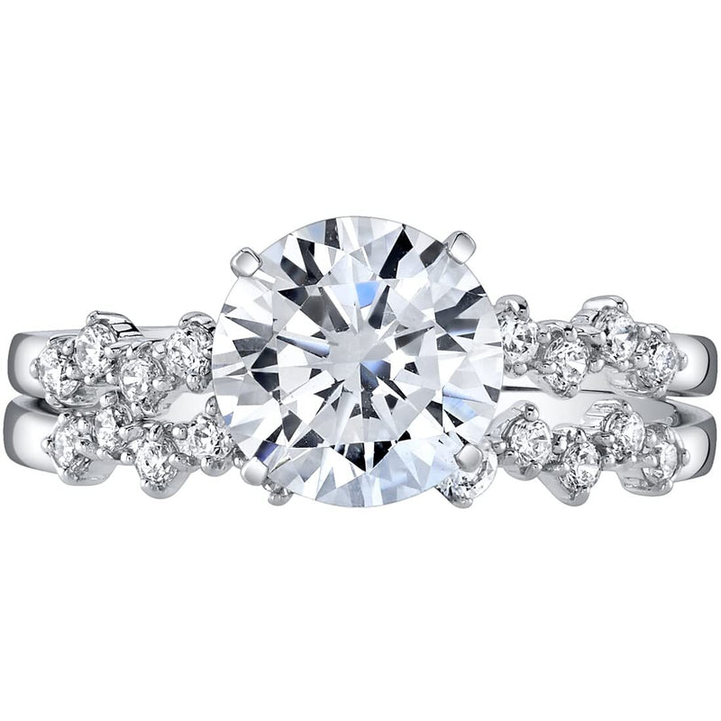 Moissanite Engagement Ring and Wedding Band Bridal Set Scattered Side Stones Sterling Silver 1.50 Carats