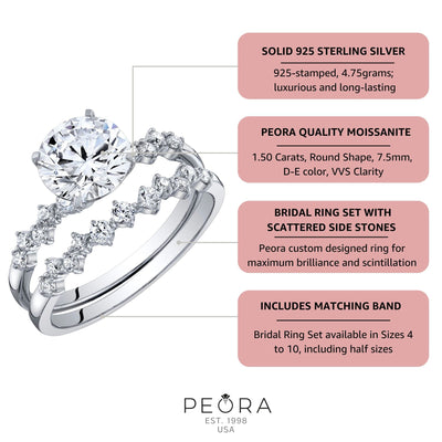 Moissanite Engagement Ring and Wedding Band Bridal Set Scattered Side Stones Sterling Silver 1.50 Carats