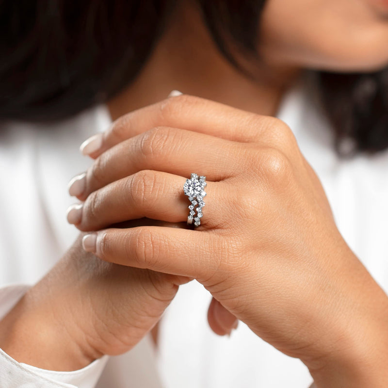 Moissanite Engagement Ring and Wedding Band Bridal Set Scattered Side Stones Sterling Silver 1.50 Carats