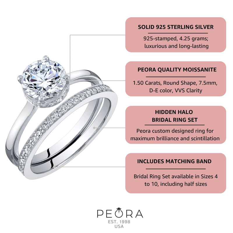 Moissanite Hidden Halo Engagement Ring and Wedding Band Bridal Set Sterling Silver 1.50 Carats