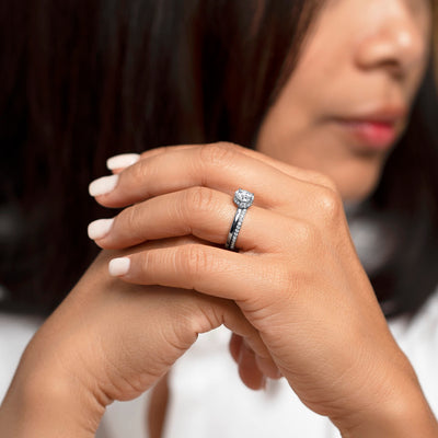 Moissanite Hidden Halo Engagement Ring and Wedding Band Bridal Set Sterling Silver 1.50 Carats