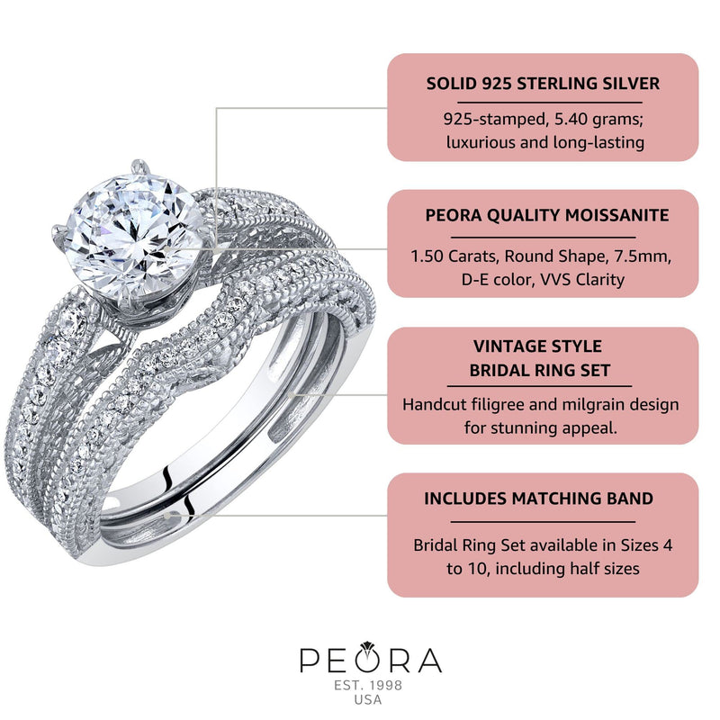 Moissanite Filigree Engagement Ring and Wedding Band Bridal Set Sterling Silver 1.50 Carats