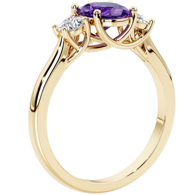 Amethyst and Lab Grown Diamond 3-Stone Trellis Ring 14K Gold 1.30 Carats Oval