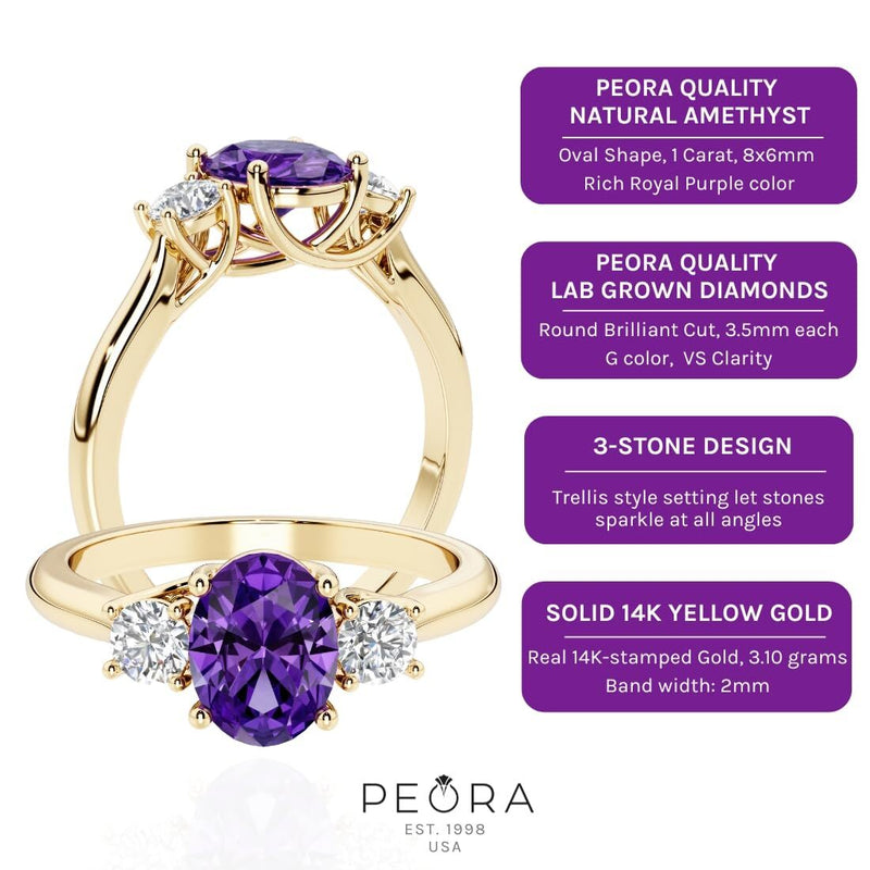 Amethyst and Lab Grown Diamond 3-Stone Trellis Ring 14K Gold 1.30 Carats Oval