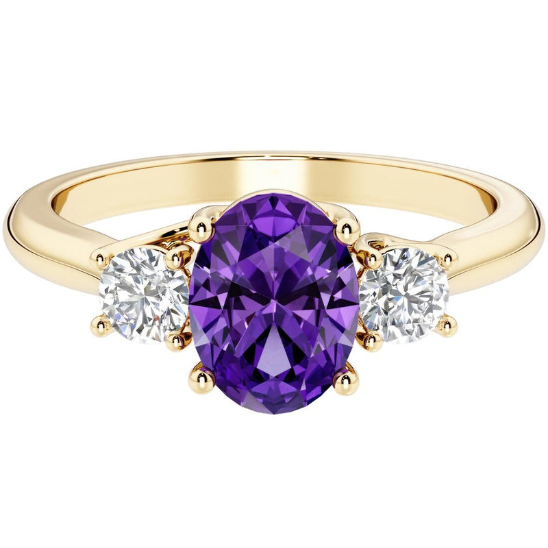 Amethyst and Lab Grown Diamond 3-Stone Trellis Ring 14K Gold 1.30 Carats Oval