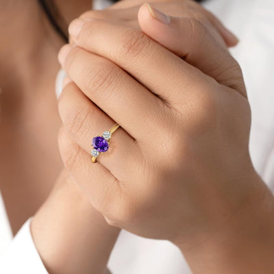 Amethyst and Lab Grown Diamond 3-Stone Trellis Ring 14K Gold 1.30 Carats Oval