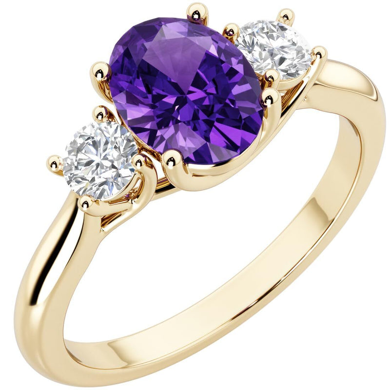 Amethyst and Lab Grown Diamond 3-Stone Trellis Ring 14K Gold 1.30 Carats Oval