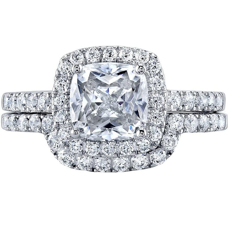 Cushion Cut Moissanite Halo Engagement Ring and Wedding Band Bridal Set Sterling Silver 2 Carats