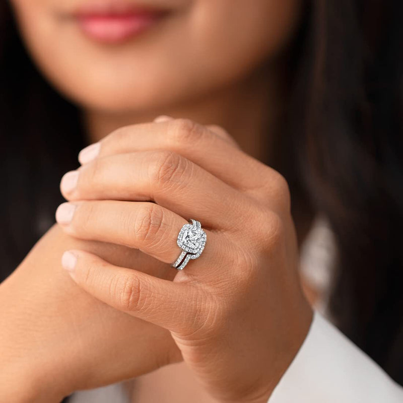 Cushion Cut Moissanite Halo Engagement Ring and Wedding Band Bridal Set Sterling Silver 2 Carats