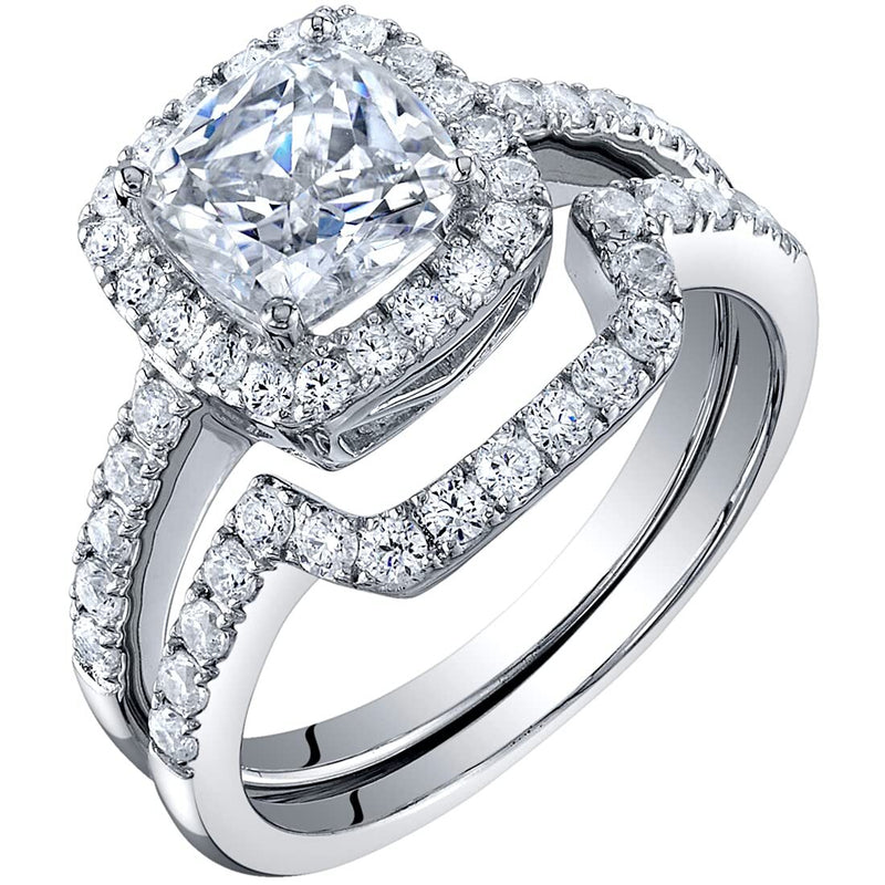 Cushion Cut Moissanite Halo Engagement Ring and Wedding Band Bridal Set Sterling Silver 2 Carats