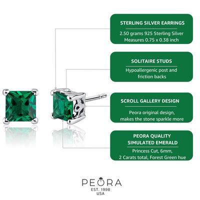 Princess Cut Gemstone Solitaire Stud 925 Sterling Silver Earrings