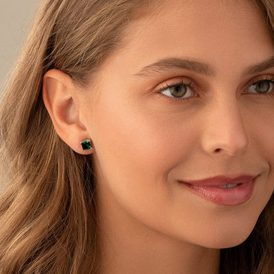 Princess Cut Gemstone Solitaire Stud 925 Sterling Silver Earrings