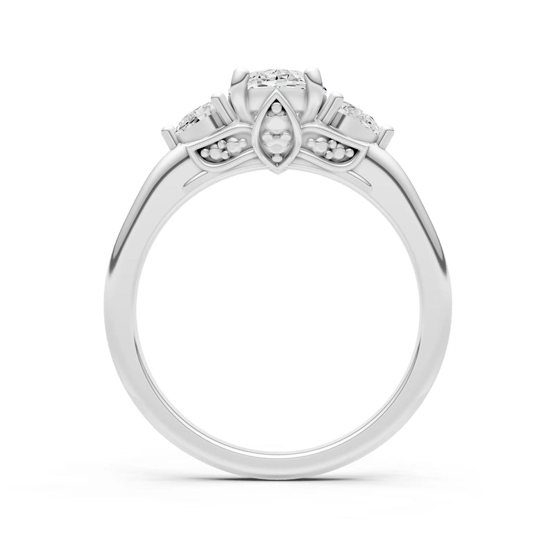 Trellis Three Stone Oval and Pear Gemstone Engagement Ring