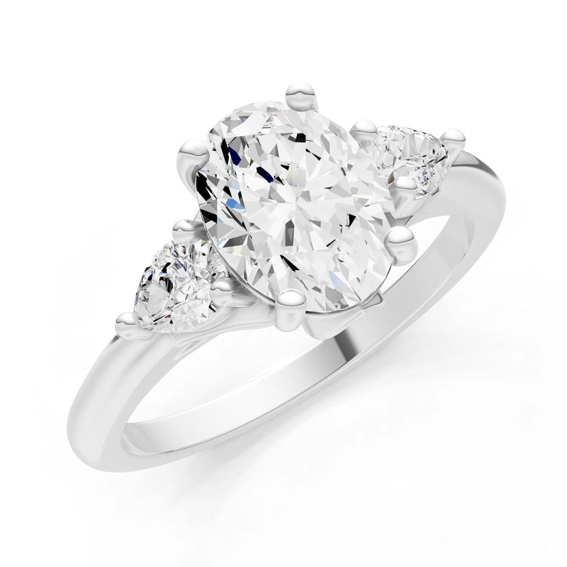 Trellis Three Stone Oval and Pear Gemstone Engagement Ring