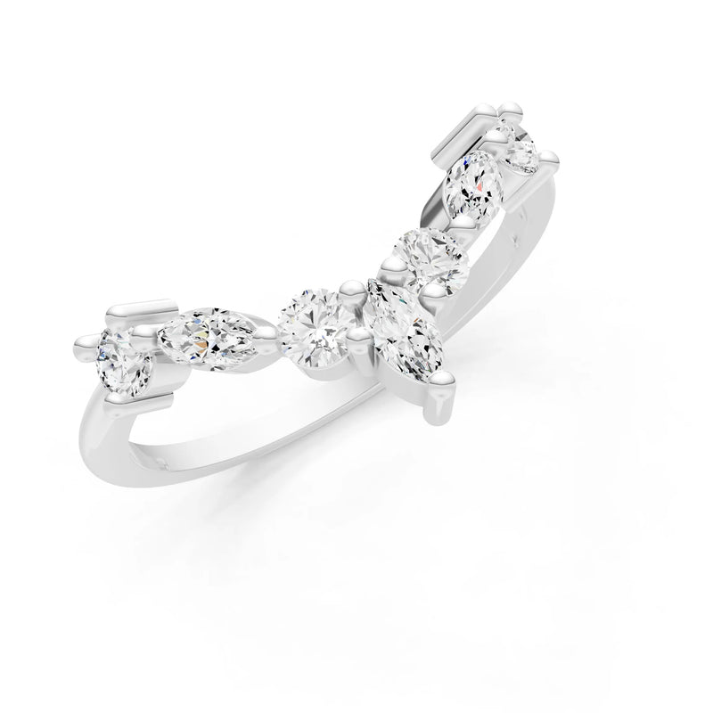 Round and Marquise Lab Grown Diamonds Chevron Wedding Gold Ring