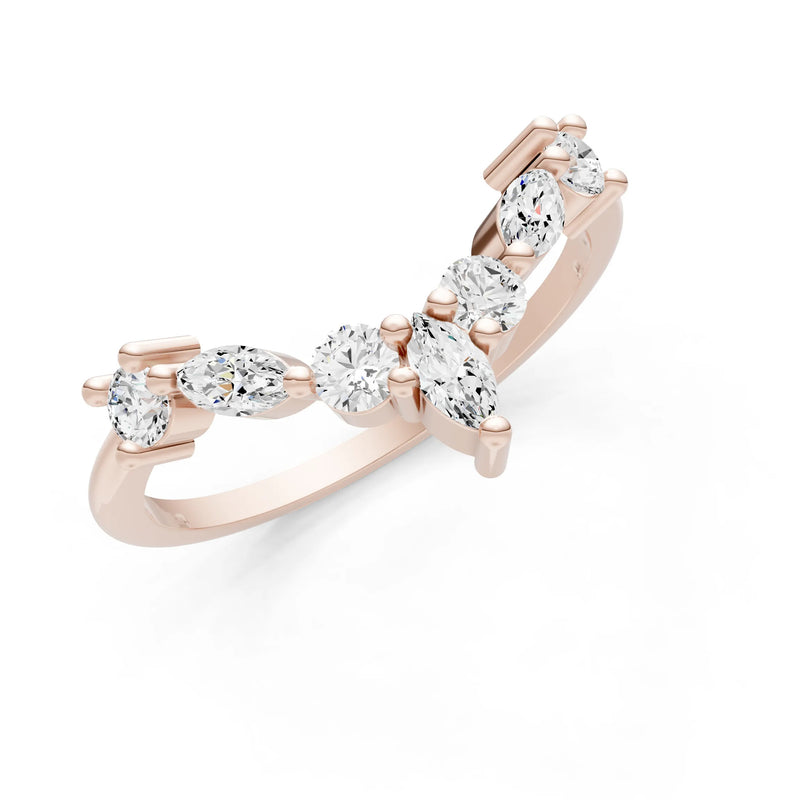 Round and Marquise Lab Grown Diamonds Chevron Wedding Gold Ring