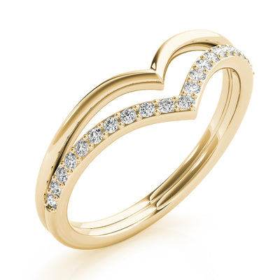 10k Yellow Gold heart-shaped and chevron contour design ring, accented with a row of sparkling round-cut diamonds