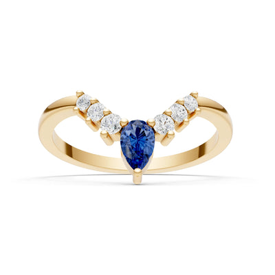 Blue Sapphire Pear & Round Shape Curved Wedding Band