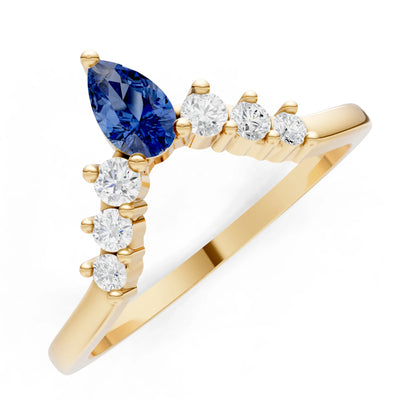 Blue Sapphire Pear & Round Shape Curved Wedding Band