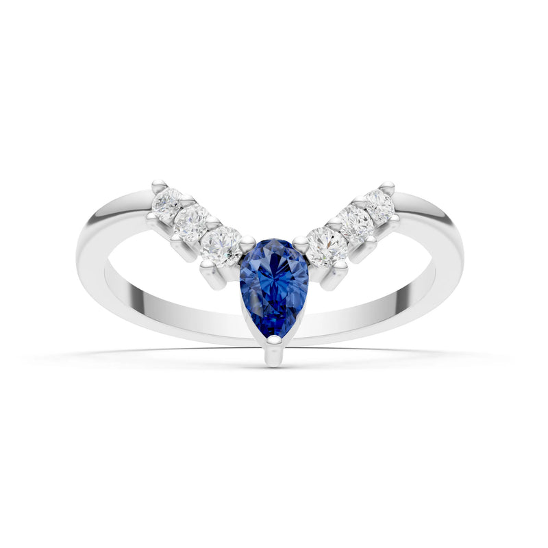 Blue Sapphire Pear & Round Shape Curved Wedding Band