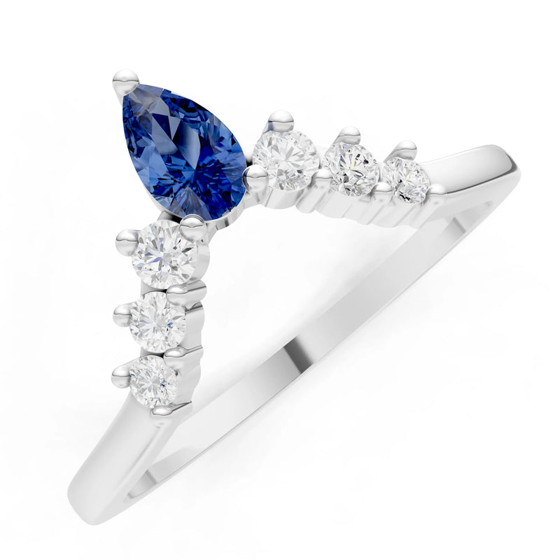 Blue Sapphire Pear & Round Shape Curved Wedding Band