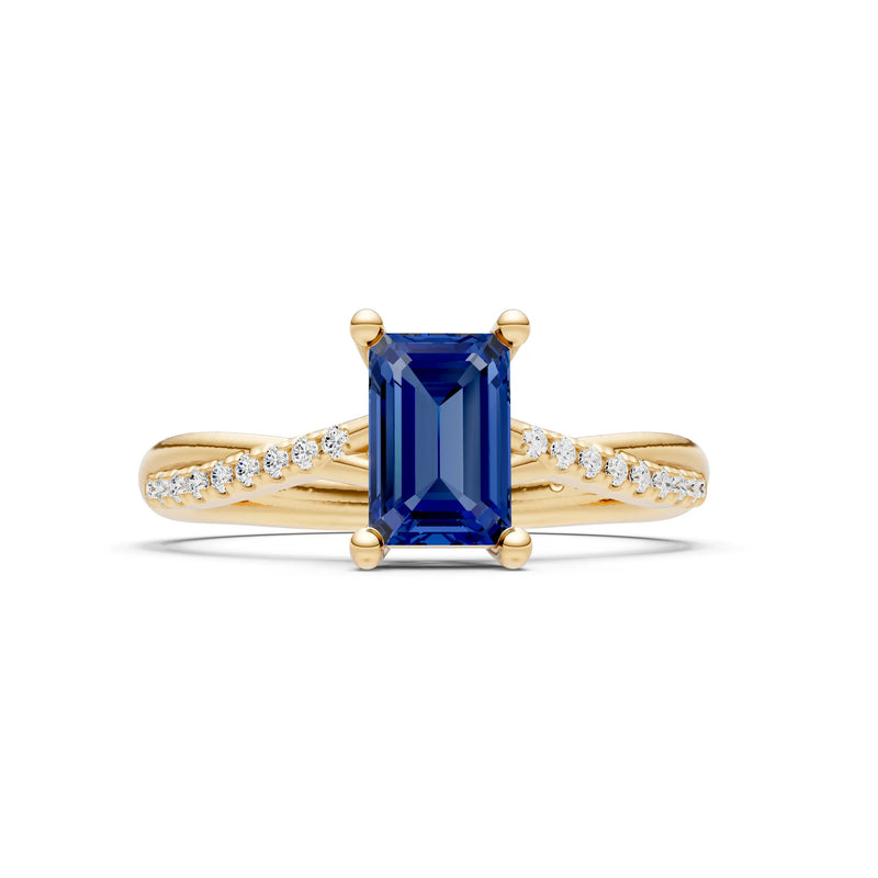 Blue Sapphire Twisted Emerald Cut Engagement Ring