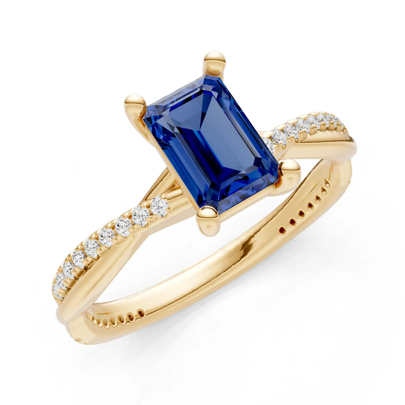 Blue Sapphire Twisted Emerald Cut Engagement Ring