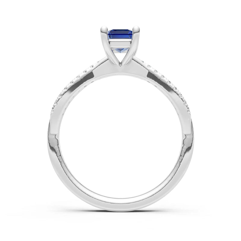 Blue Sapphire Twisted Emerald Cut Engagement Ring