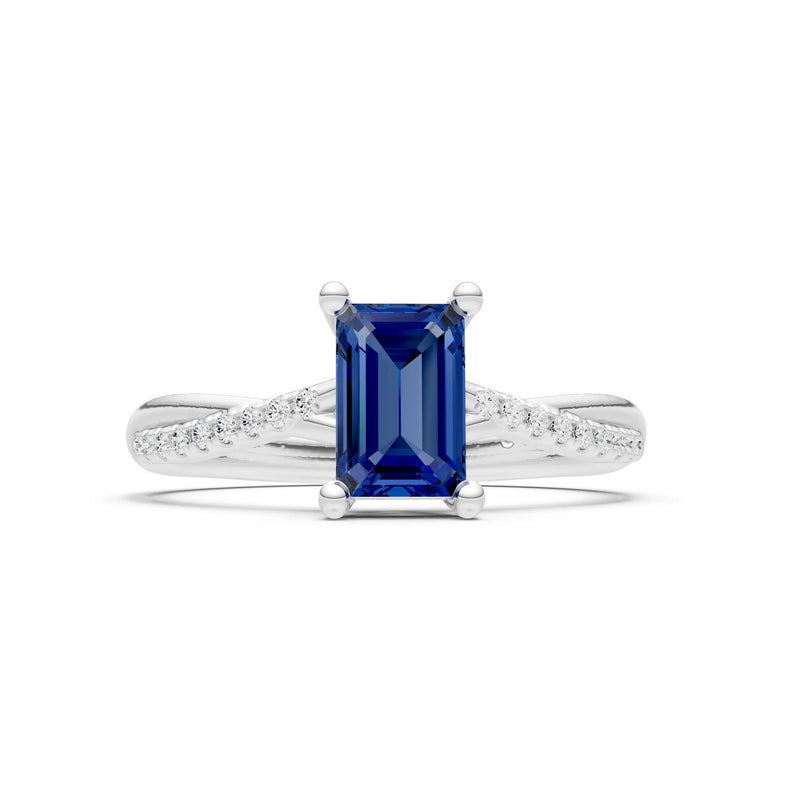 Blue Sapphire Twisted Emerald Cut Engagement Ring