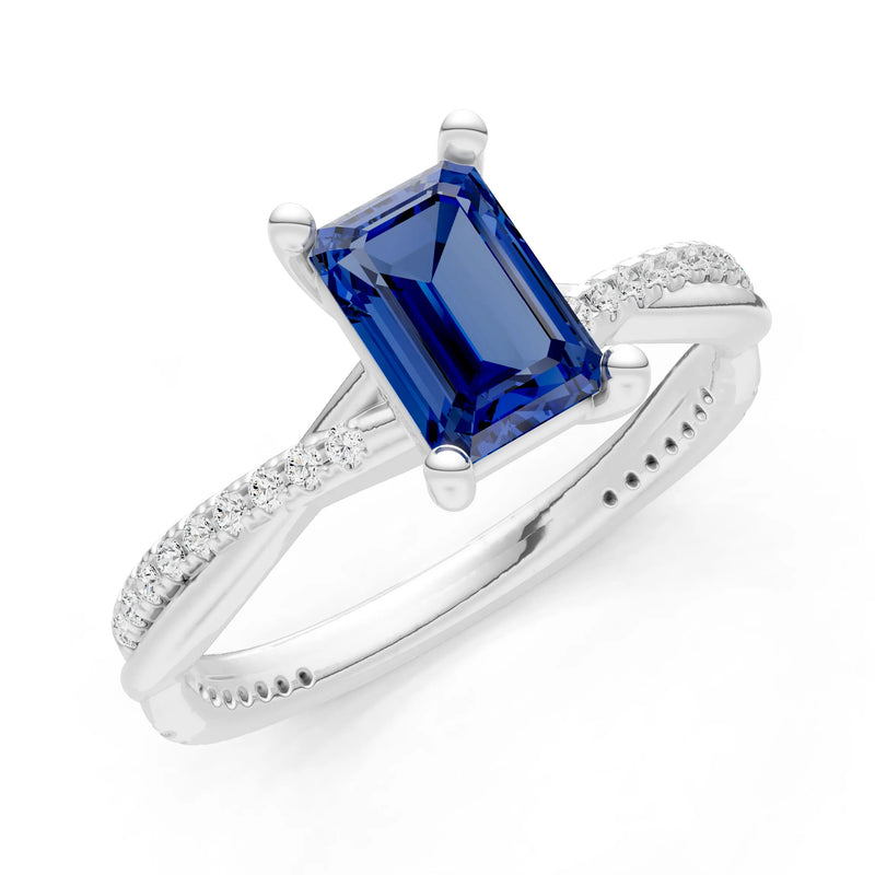 Blue Sapphire Twisted Emerald Cut Engagement Ring
