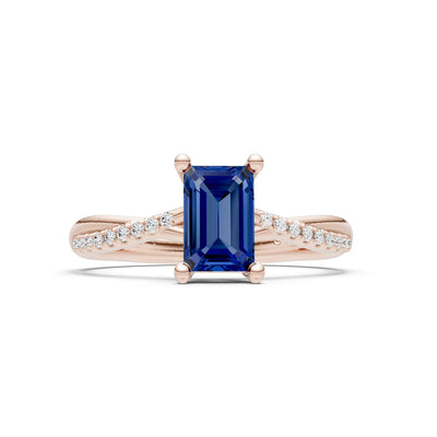 Blue Sapphire Twisted Emerald Cut Engagement Ring