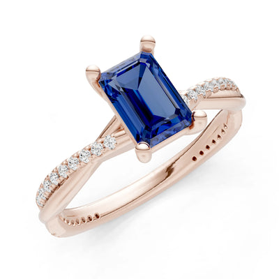 Blue Sapphire Twisted Emerald Cut Engagement Ring