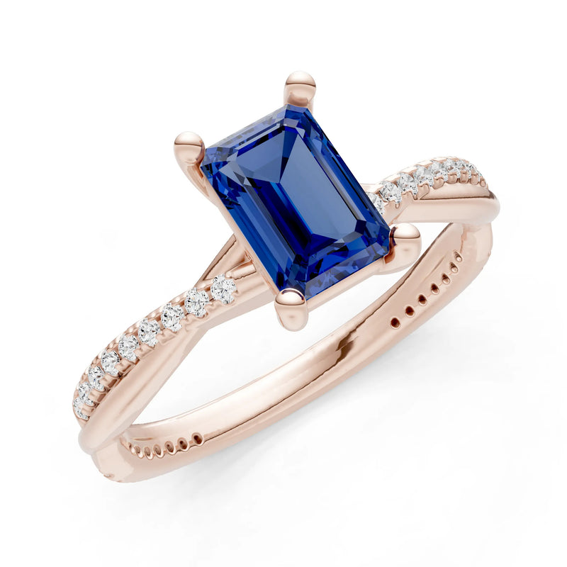 Blue Sapphire Twisted Emerald Cut Engagement Ring