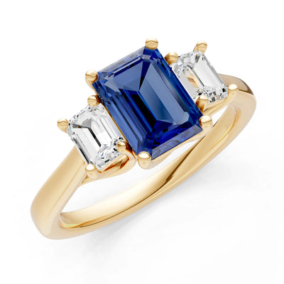 Blue Sapphire Three Emerald Cut Stone Ring