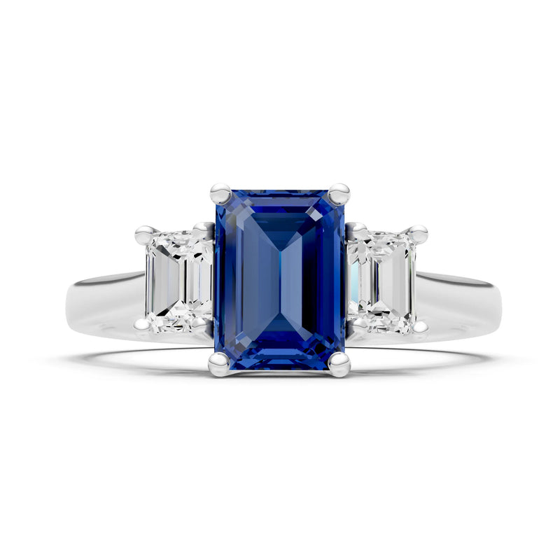 Blue Sapphire Three Emerald Cut Stone Ring